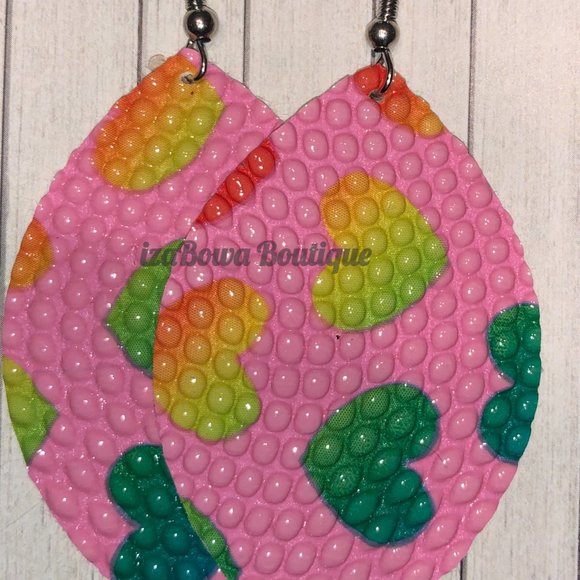 Hand Crafted Jewelry - Multicolored Hearts on Pink Teardrop Faux Leather Earring (2) HANDMADE